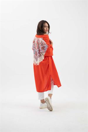 Arkası Baskılı Püsküllü Kimono - Turuncu