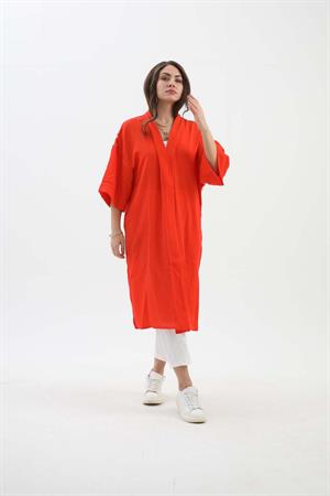 Arkası Baskılı Püsküllü Kimono - Turuncu