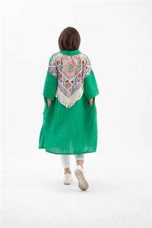 Arkası Baskılı Püsküllü Kimono - Yeşil