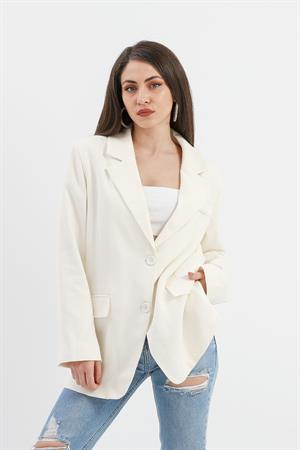 Arkası Çift Yırtmaç Keten Ceket - Ekru