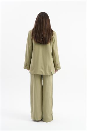 Arkası Çift Yırtmaç Keten Ceket - Yağ Yeşili