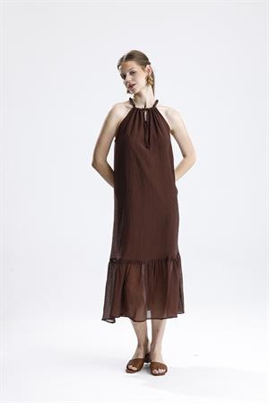 Askılı Boncuklu Kolsuz Elbise - Kahve