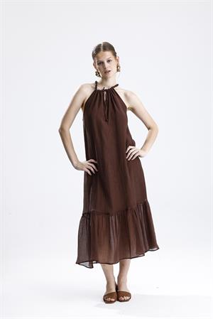 Askılı Boncuklu Kolsuz Elbise - Kahve