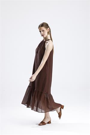 Askılı Boncuklu Kolsuz Elbise - Kahve