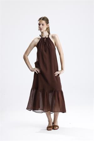 Askılı Boncuklu Kolsuz Elbise - Kahve