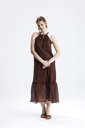 Askılı Boncuklu Kolsuz Elbise - Kahve