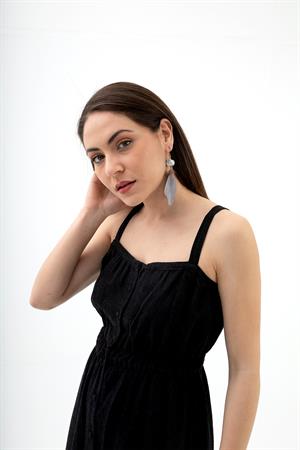 Askılı Önü Düğmeli Yırtmaçlı Keten Elbise - Siyah