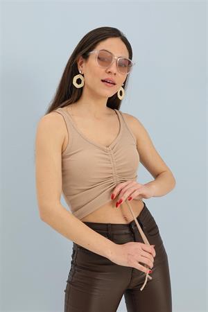 Atlet Önü Büzgülü Crop - Bej