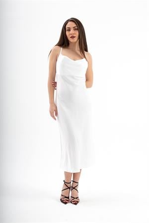 Ayarlanabilir Askılı Saten Elbise - Ekru
