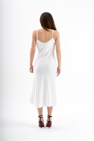 Ayarlanabilir Askılı Saten Elbise - Ekru