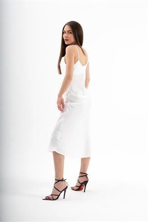 Ayarlanabilir Askılı Saten Elbise - Ekru