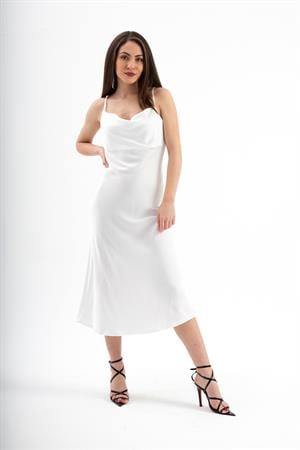 Ayarlanabilir Askılı Saten Elbise - Ekru