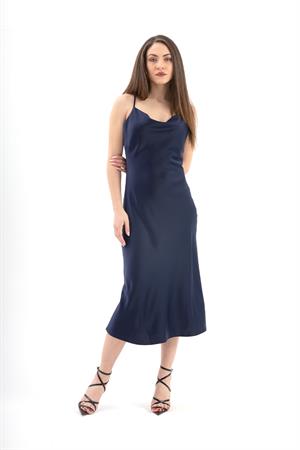 Ayarlanabilir Askılı Saten Elbise - Lacivert