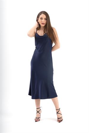 Ayarlanabilir Askılı Saten Elbise - Lacivert