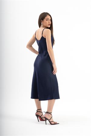 Ayarlanabilir Askılı Saten Elbise - Lacivert