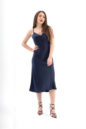 Ayarlanabilir Askılı Saten Elbise - Lacivert