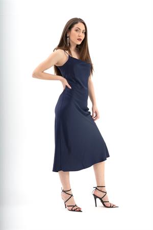 Ayarlanabilir Askılı Saten Elbise - Lacivert