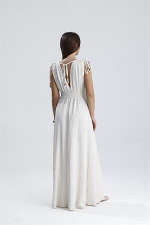 Bağcık Detaylı Beli Gipeli Keten Uzun Elbise - Krem