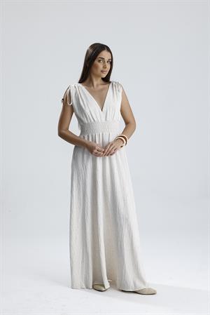 Bağcık Detaylı Beli Gipeli Keten Uzun Elbise - Krem