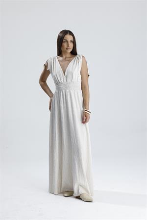 Bağcık Detaylı Beli Gipeli Keten Uzun Elbise - Krem