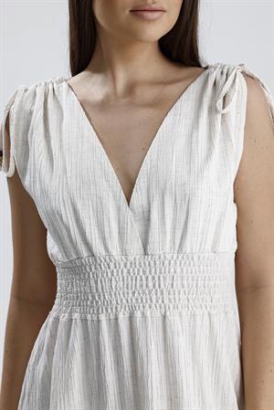 Bağcık Detaylı Beli Gipeli Keten Uzun Elbise - Krem