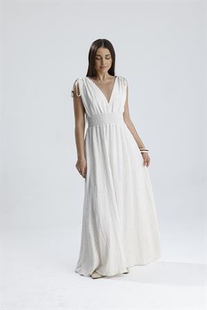 Bağcık Detaylı Beli Gipeli Keten Uzun Elbise - Krem