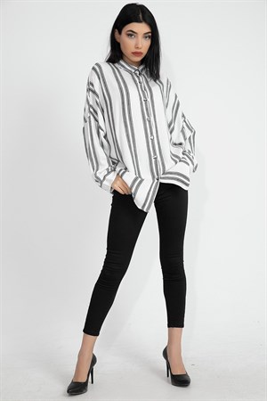 Balık Sırtı Kumaş Düşük Kol Çizgili Kadın Gömlek - Ekru