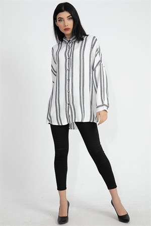 Balık Sırtı Kumaş Düşük Kol Çizgili Kadın Gömlek - Ekru