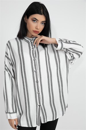 Balık Sırtı Kumaş Düşük Kol Çizgili Kadın Gömlek - Ekru