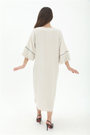 Balon Kol Nakışlı Kimono - Taş