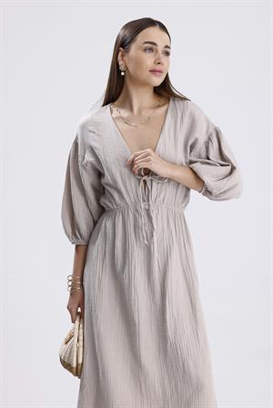 Balon Kol V Yaka Müslin Elbise - Bej
