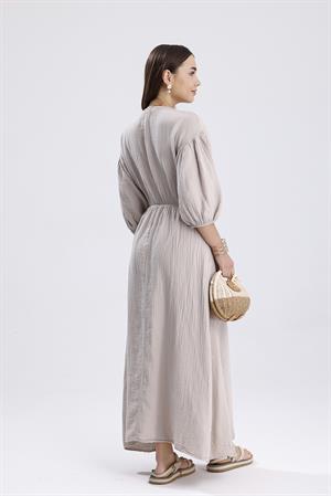 Balon Kol V Yaka Müslin Elbise - Bej