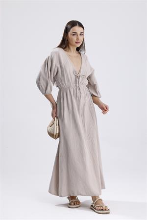 Balon Kol V Yaka Müslin Elbise - Bej