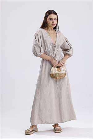 Balon Kol V Yaka Müslin Elbise - Bej