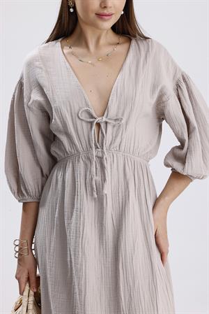 Balon Kol V Yaka Müslin Elbise - Bej