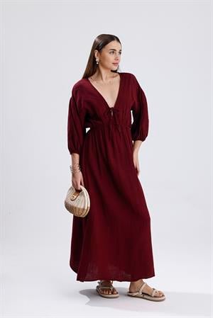 Balon Kol V Yaka Müslin Elbise - Bordo