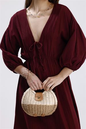 Balon Kol V Yaka Müslin Elbise - Bordo