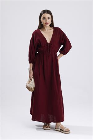 Balon Kol V Yaka Müslin Elbise - Bordo
