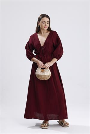 Balon Kol V Yaka Müslin Elbise - Bordo