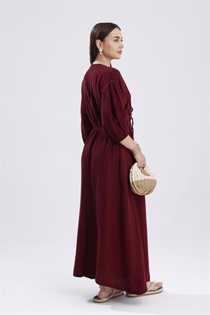 Balon Kol V Yaka Müslin Elbise - Bordo