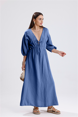 Balon Kol V Yaka Müslin Elbise - Mavi