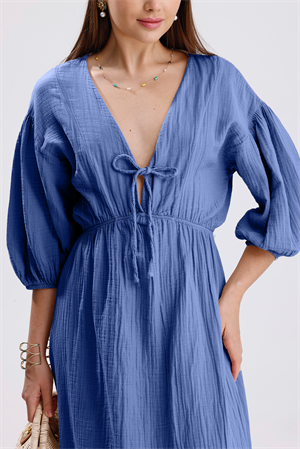 Balon Kol V Yaka Müslin Elbise - Mavi