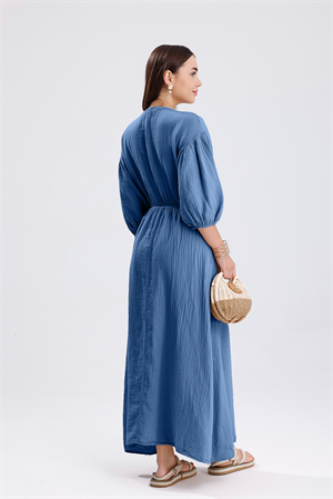 Balon Kol V Yaka Müslin Elbise - Mavi