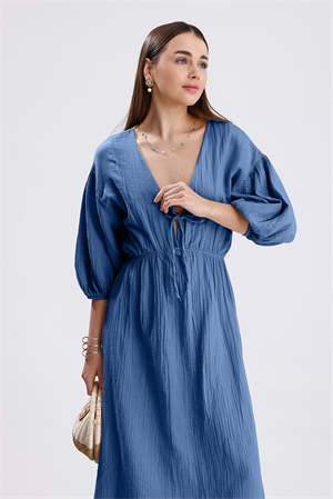 Balon Kol V Yaka Müslin Elbise - Mavi