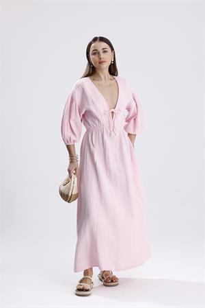 Balon Kol V Yaka Müslin Elbise - Pembe