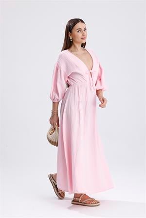 Balon Kol V Yaka Müslin Elbise - Pembe