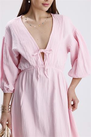 Balon Kol V Yaka Müslin Elbise - Pembe