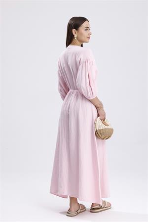 Balon Kol V Yaka Müslin Elbise - Pembe