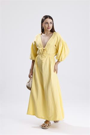 Balon Kol V Yaka Müslin Elbise - Sarı