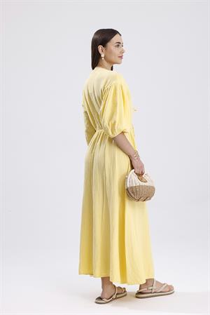 Balon Kol V Yaka Müslin Elbise - Sarı